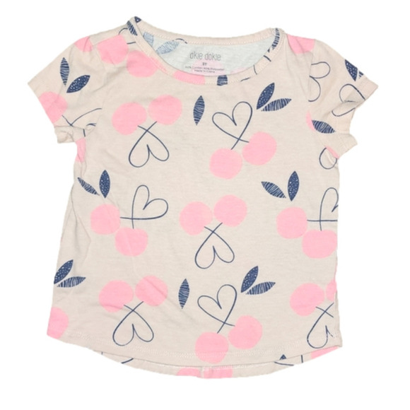 𝅺OKIE DOKIE Pink Short Sleeve Tee with Pink Cherries and Heart Stems - Picture 1 of 3